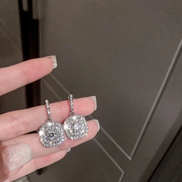 Any 2/$20! Silver Square Crystal Pave Drop Stud Earrings - Picture 2 of 6